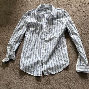 Nine West XS Blue & White Striped Button-Up Long Sleeve Blouse